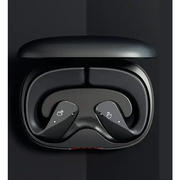 Black wireless earbuds with touch-sensitive controls, nestled in a sleek matching charging case.