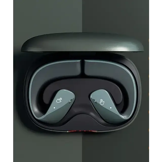 Dark gray wireless earbuds with sleek, ergonomic design nestled in a matching charging case.