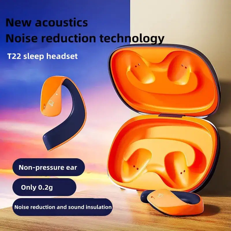 Orange and black t22 sleep headset with ergonomic ear hooks, designed for noise reduction and sound insulation.