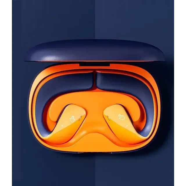 Orange and navy blue wireless earbuds nestled in a sleek, matching charging case.