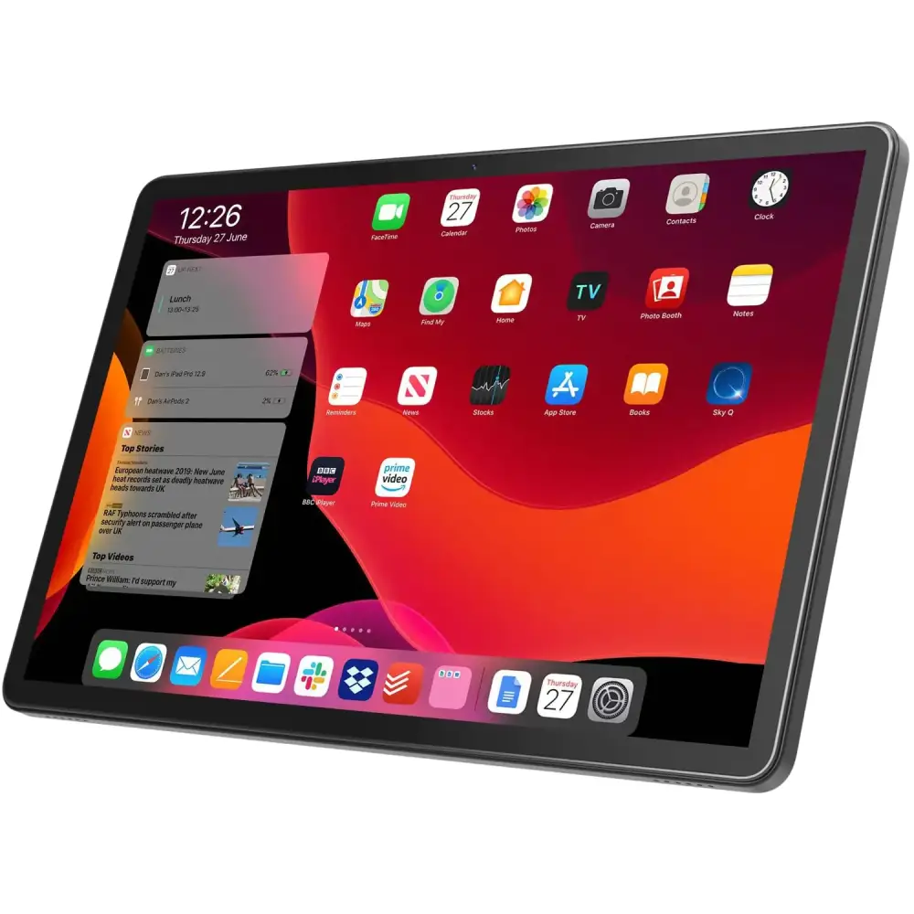 Black ipad with a vibrant red and orange gradient screen displaying various app icons.