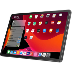 Black ipad with a vibrant red and orange gradient screen displaying various app icons.