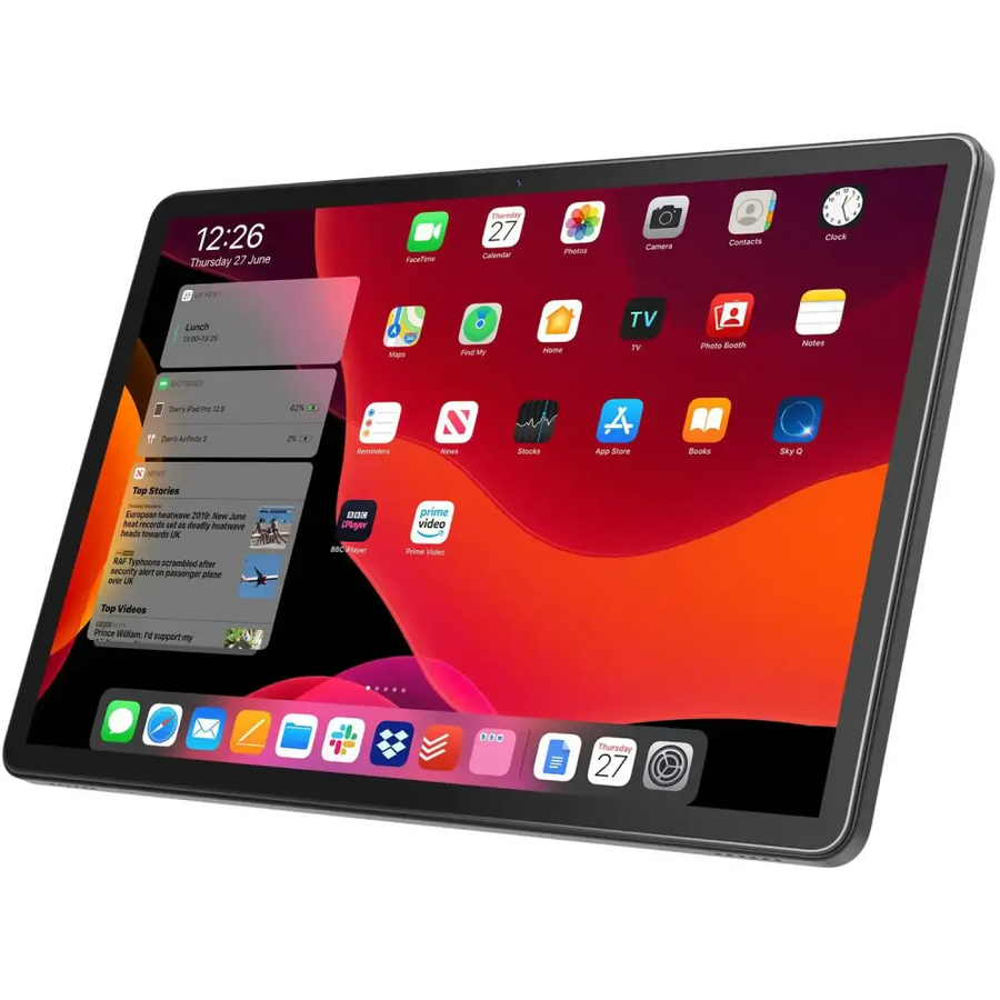 Black ipad with a vibrant red and orange gradient screen displaying various app icons.