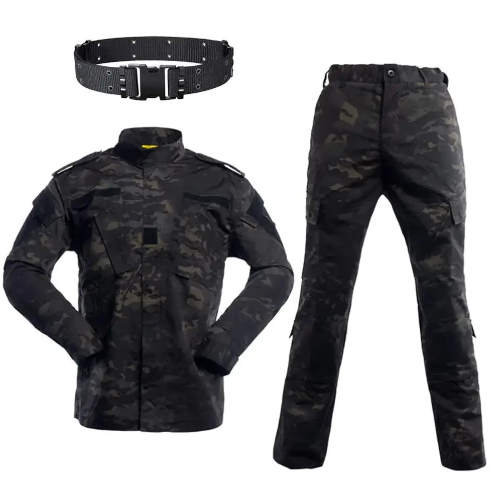 Black and dark gray digital camouflage tactical uniform set with matching belt.