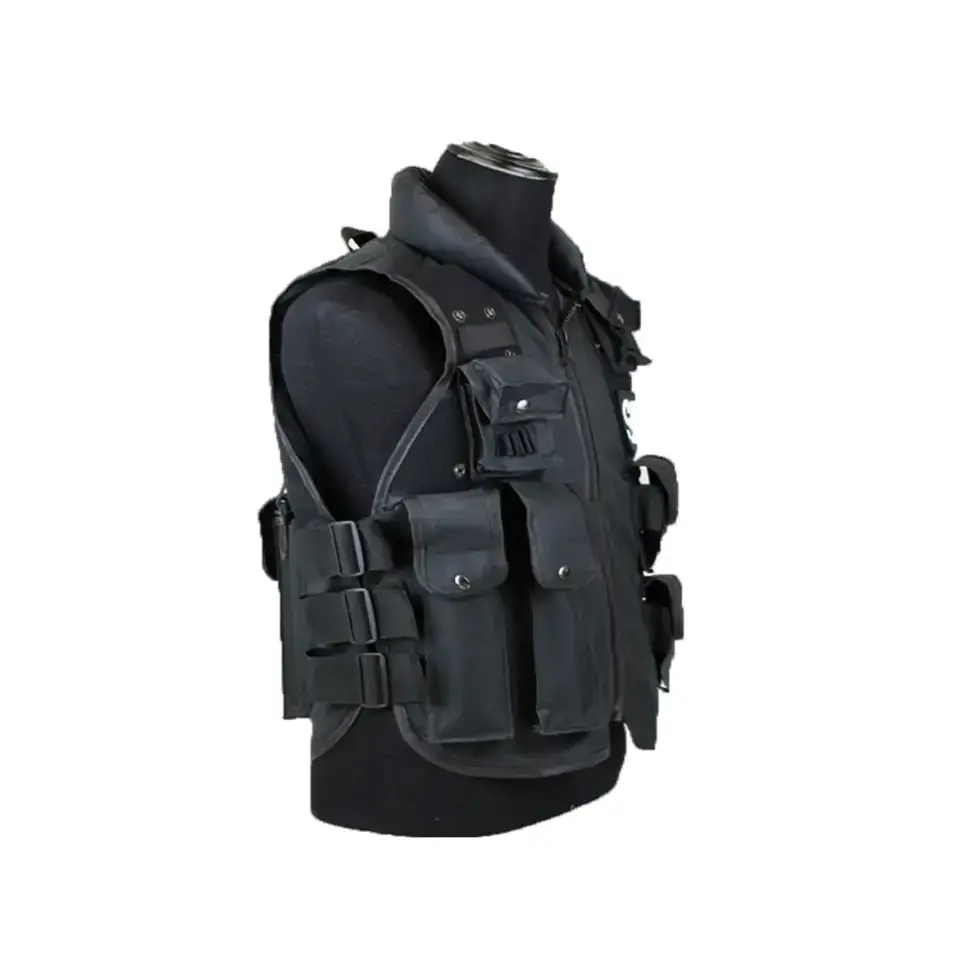Black tactical vest with multiple pouches and adjustable straps.