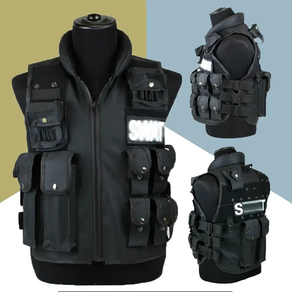 Black tactical vest with multiple pockets and adjustable straps, featuring a reflective ’swat’ patch on the front.
