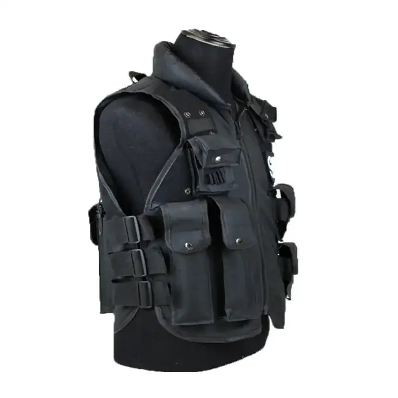 Black tactical vest with multiple pockets and adjustable straps.