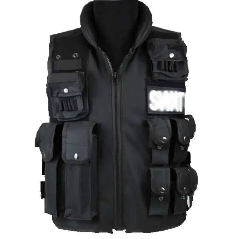 Black tactical vest with multiple pockets and a reflective ’swat’ patch on the chest.
