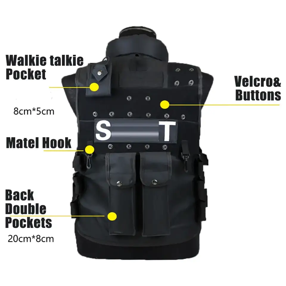 Black tactical vest with multiple pockets, velcro and button closures, and a central ’s t’ patch.