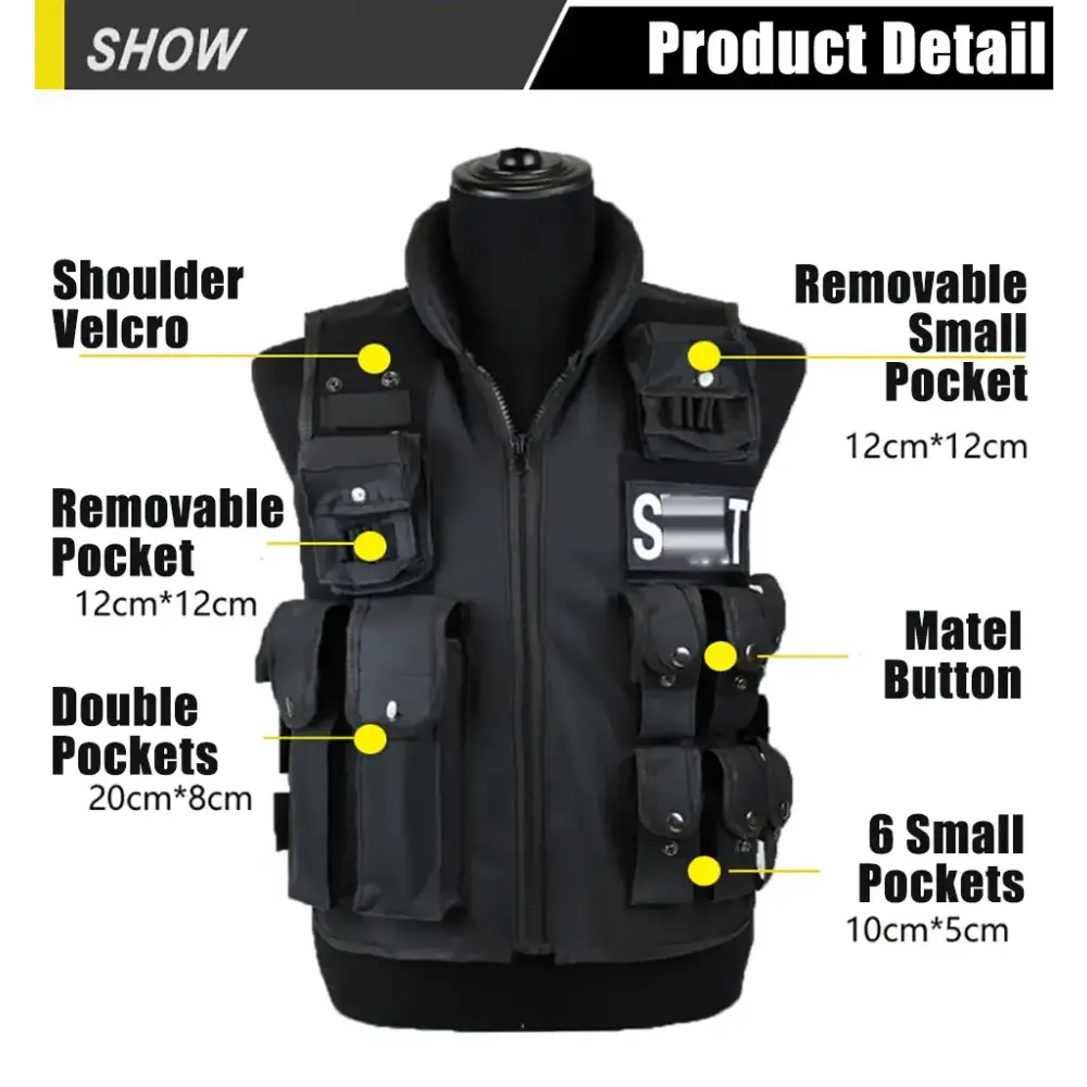 Black tactical vest with multiple removable pockets and a hood.