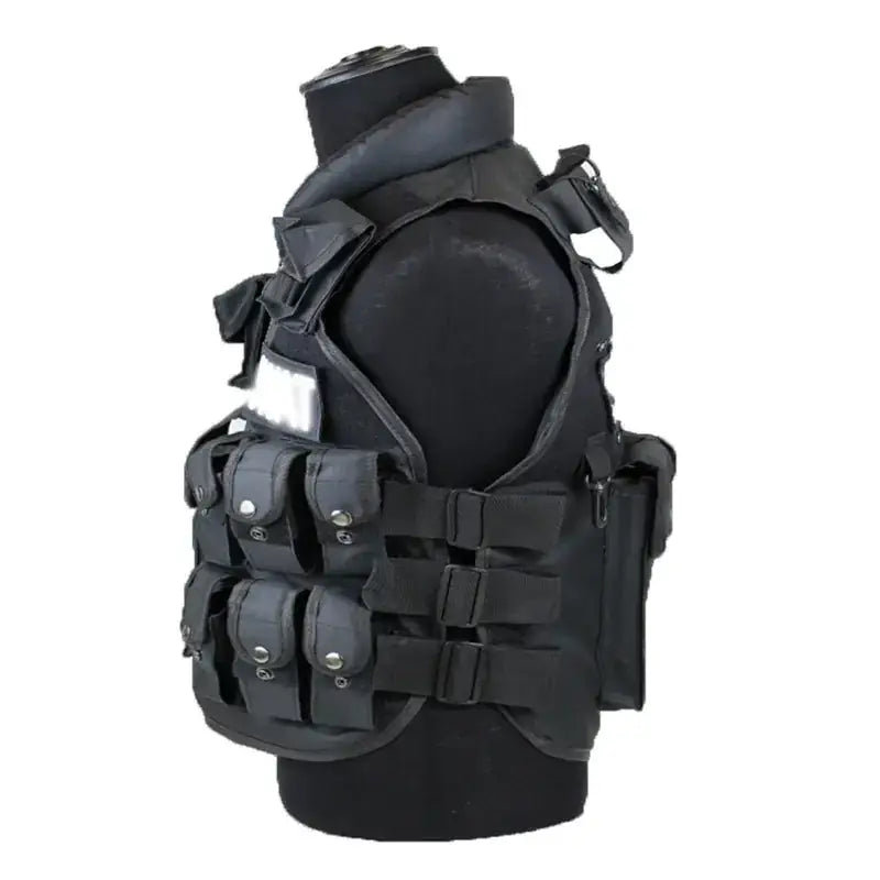 Black tactical vest with multiple pouches and adjustable straps.