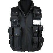 Black tactical vest with multiple pockets and a reflective ’swat’ patch on the chest.