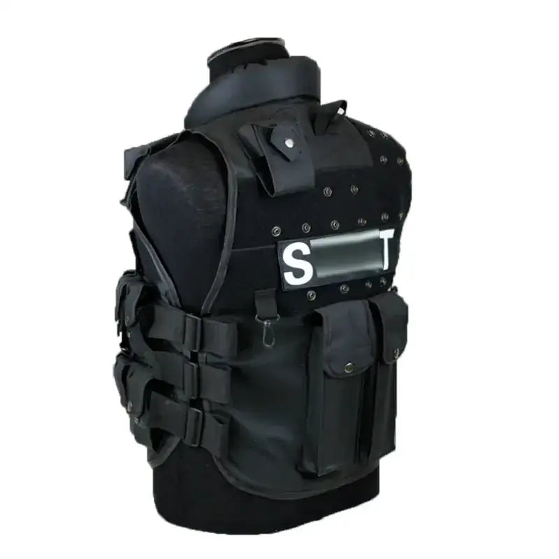 Black tactical vest with ’s.t.’ patch and multiple pouches.
