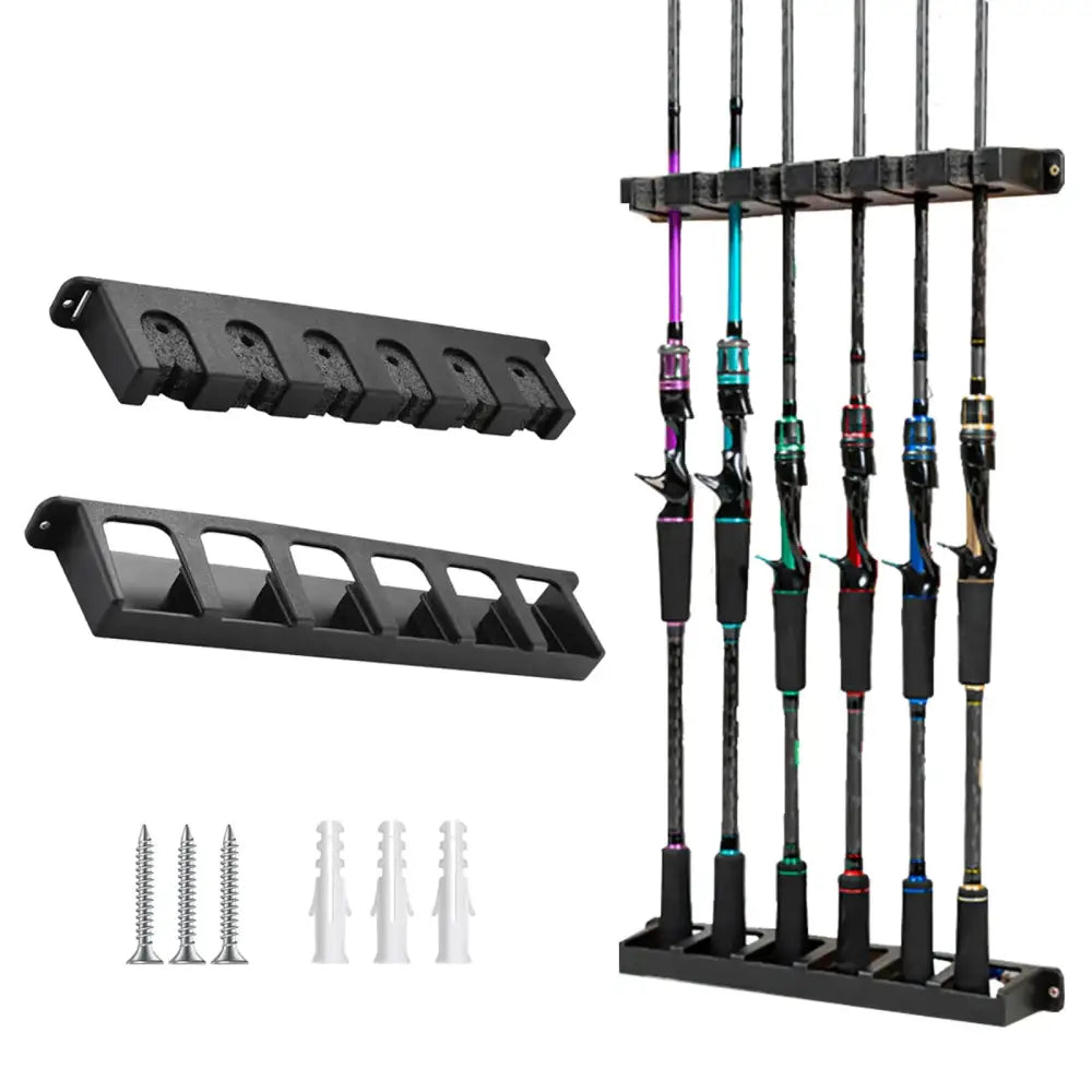 Black plastic fishing rod rack with multiple slots for vertical storage.