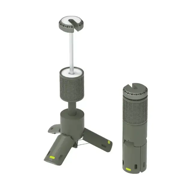 Gray tripod-style stand with a cylindrical base, central pole, and adjustable top component.