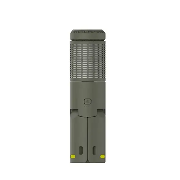 Olive green cylindrical air purifier with a mesh grille top and yellow accent buttons.
