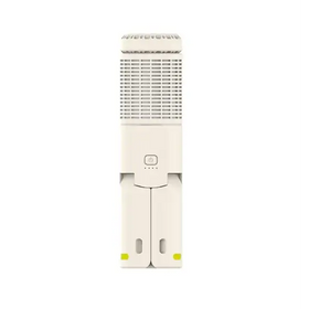 White rectangular air purifier with a grid-patterned top section and a central power button.