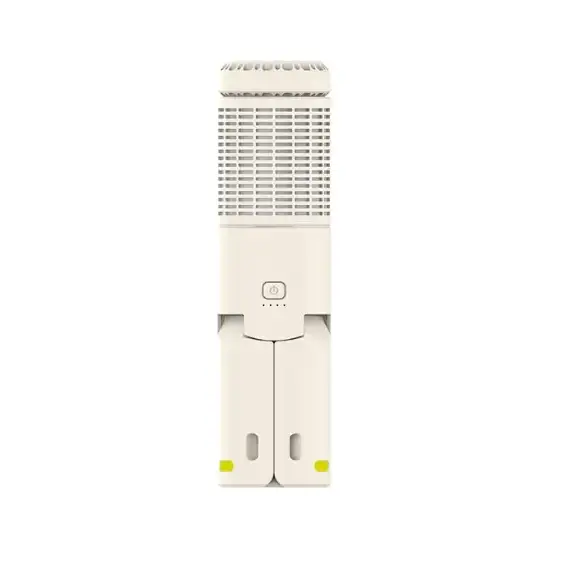 White rectangular air purifier with a grid-patterned top section and a central power button.