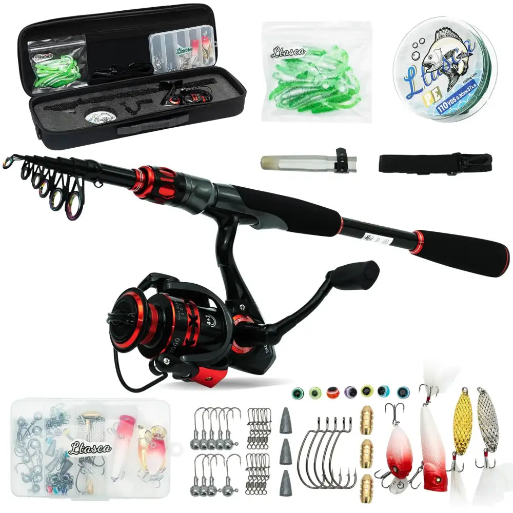 Black and red telescopic fishing rod with matching reel, presented in a black carrying case alongside assorted lures, hooks, and tackle.
