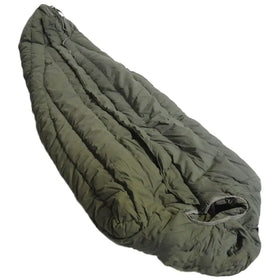 Olive green quilted sleeping bag with a zipper closure and drawstring hood.