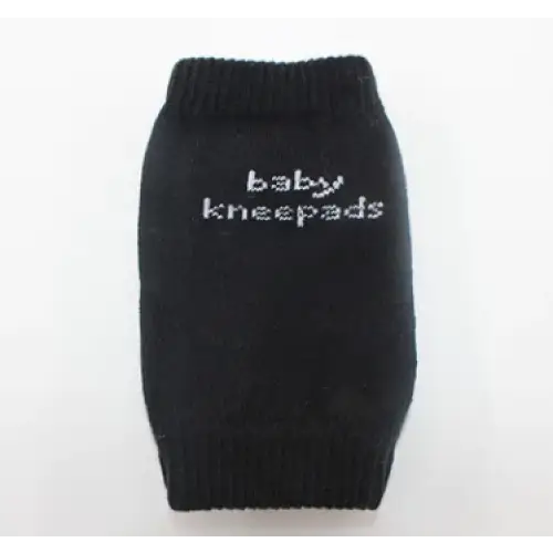Black knitted baby knee pads with white embroidered text.