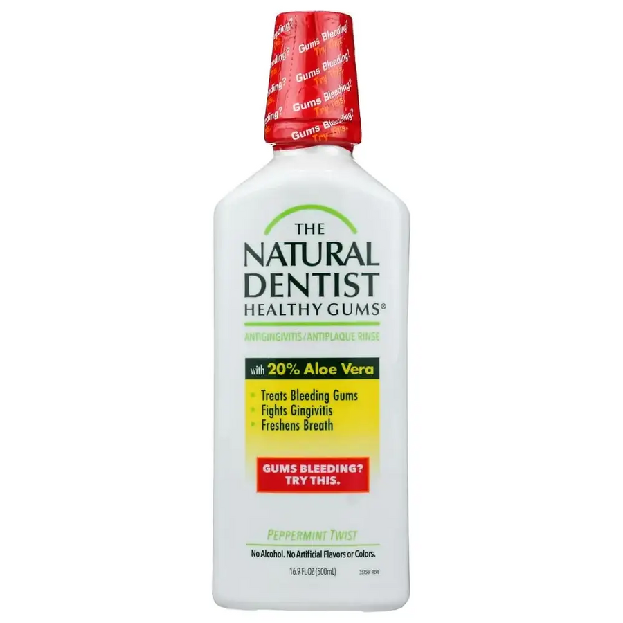 White plastic bottle of the natural dentist healthy gums antiseptic mouthwash with a red cap and green, yellow, and black labeling.