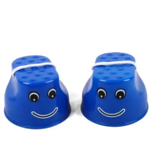 Blue plastic cups with googly eyes and smiling mouths, tied together by a white string.