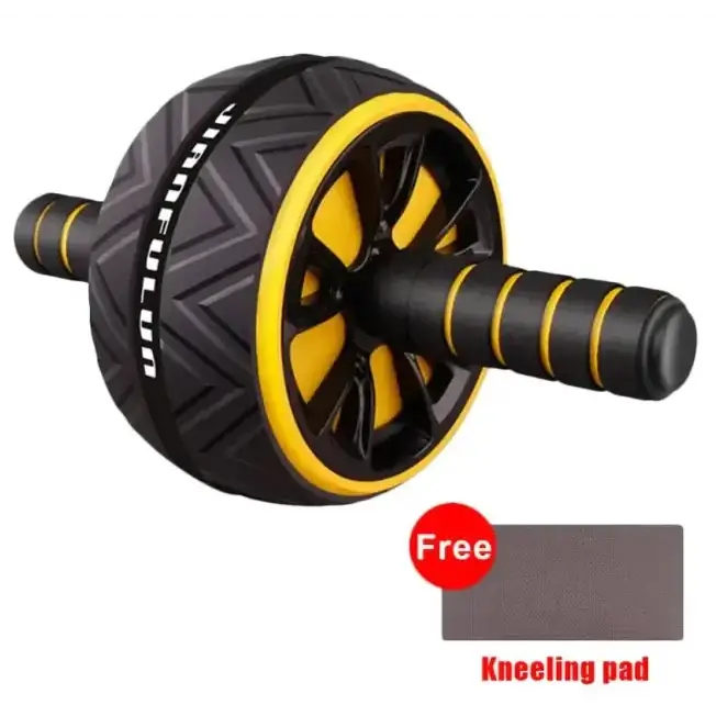 Black and yellow ab roller with textured grip handles and a durable rubber wheel.