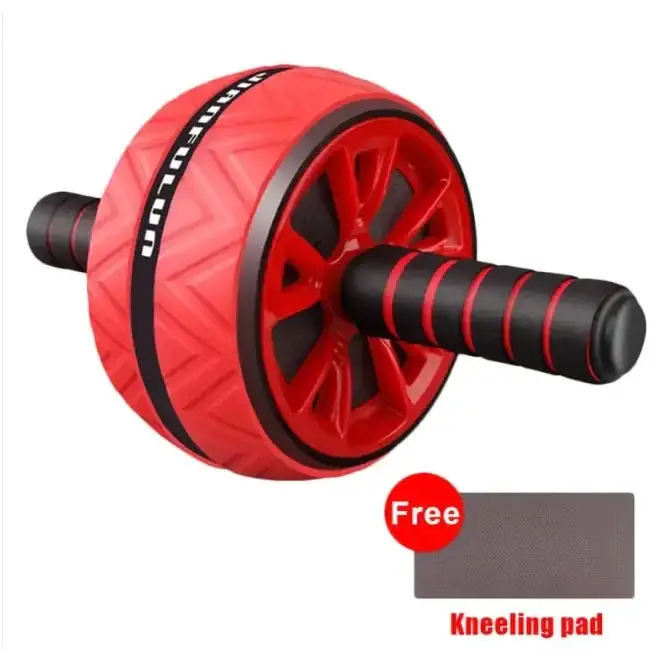 Red and black ab roller with textured grip handles and a branded wheel.