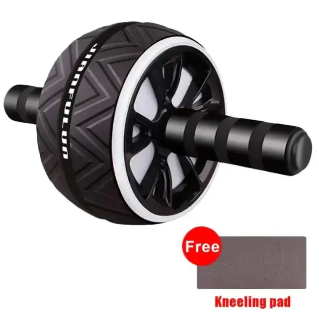 Black and white ab roller with textured grip and a branded handle.
