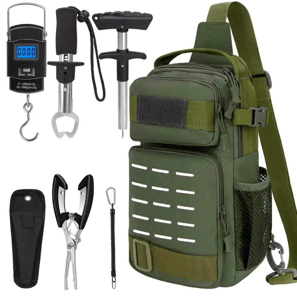 Olive green tactical fishing shoulder bag with multiple compartments and mesh side pocket