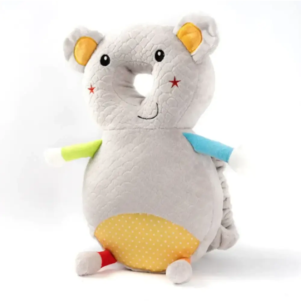 A soft gray plush mouse toy with yellow ears, a polka-dotted yellow belly patch, and colorful arm accents.