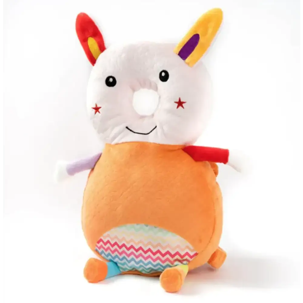 A plush rabbit toy with a white face, orange body, and colorful ears featuring red, yellow, and purple accents.