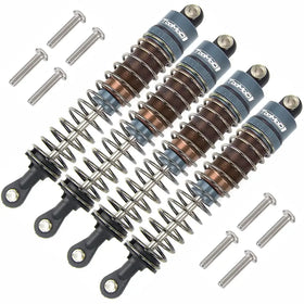 Four blue and copper-colored traxxas rc shock absorbers with black mounting ends.