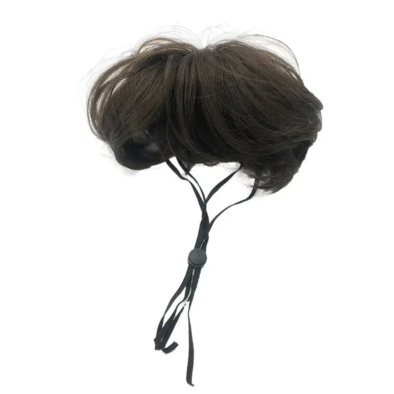 Brown synthetic hair bun with black elastic straps and a small adjustable button.