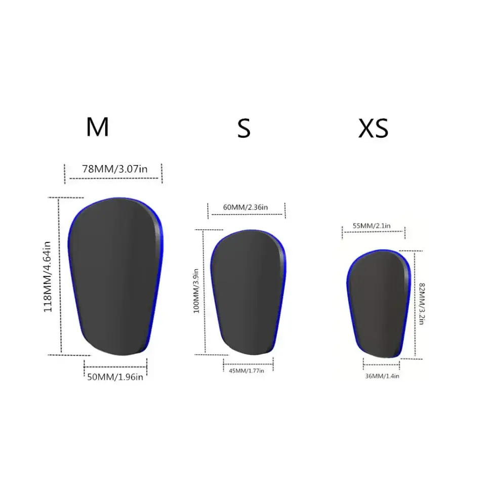 Black knee pads with blue trim, available in m, s, and xs sizes.