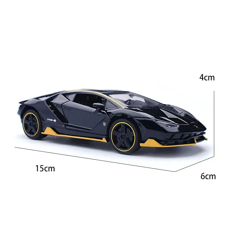 Black and yellow lamborghini model car with sleek, aerodynamic design.