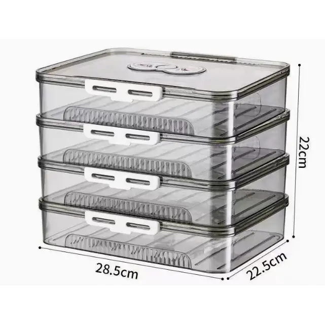 Clear plastic stackable food storage containers with white latches and a gray lid.