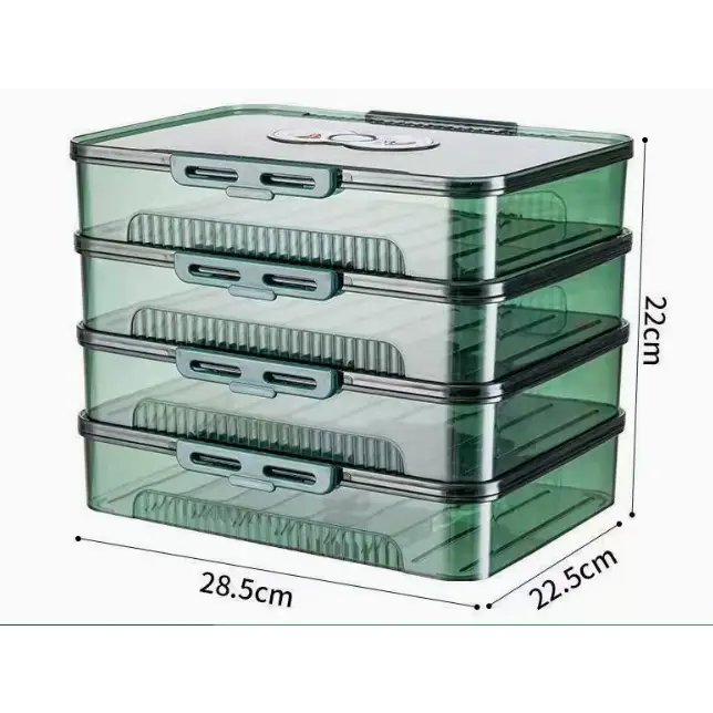 Transparent green plastic stackable storage box with silver-toned latches and ridged interior dividers.