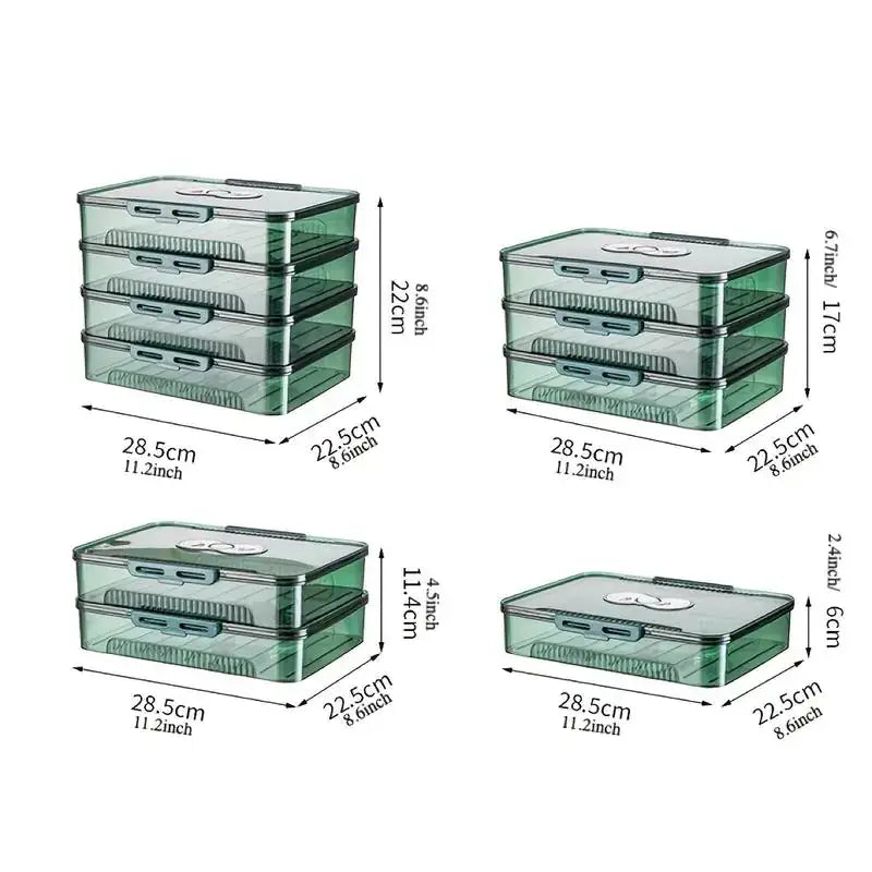 Transparent green plastic stackable storage boxes with gray latches and a white logo on the lid.
