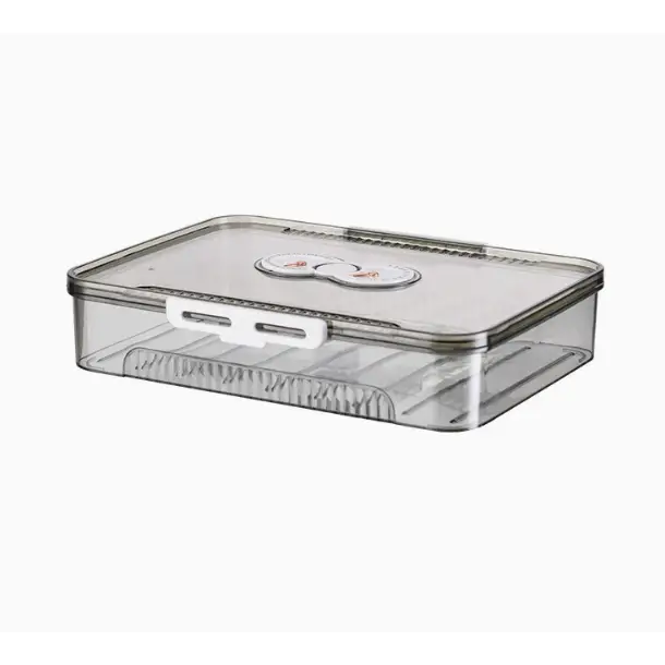 Clear plastic egg storage container with a white latch and two circular labels on the lid.