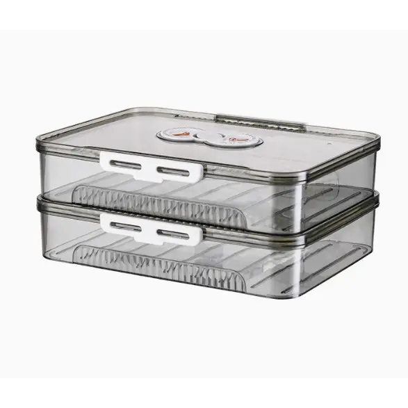 Transparent plastic two-tier food storage container with white latches and a circular logo on the lid.