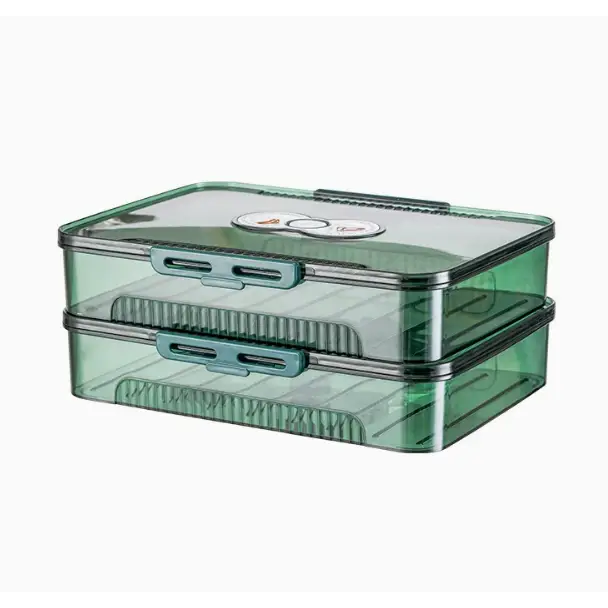 Transparent green plastic two-tier storage box with teal-colored latches and a clear lid.
