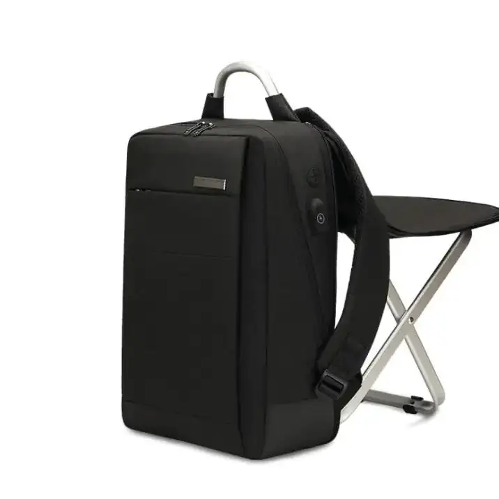 Black nylon backpack with silver-toned handle and charging port.