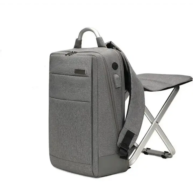 Gray textured fabric backpack with integrated foldable metal-framed stool.