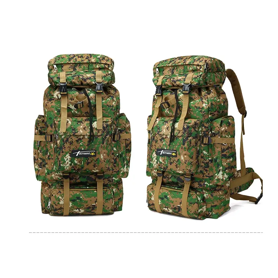 Military-style camouflage backpack with tan straps and a black logo patch.