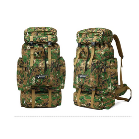Military-style camouflage backpack with tan straps and a black logo patch.