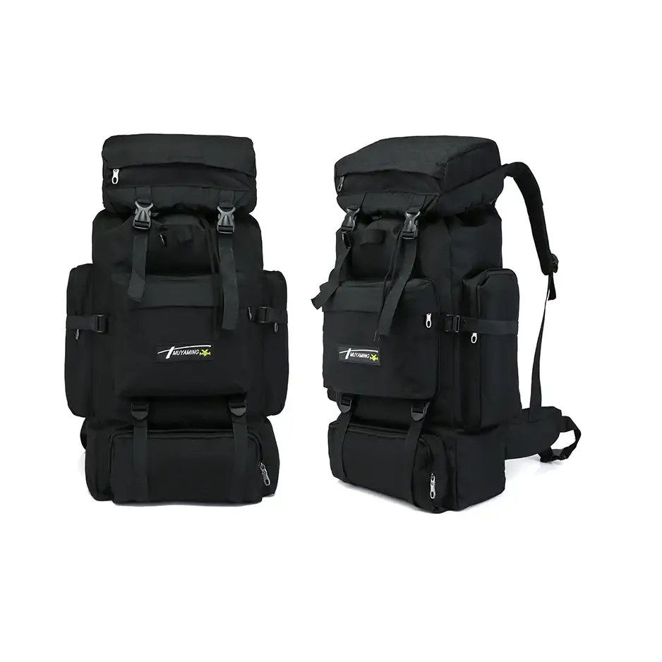 Black tactical backpack with multiple compartments and adjustable straps.