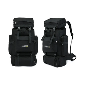 Black tactical backpack with multiple compartments and adjustable straps.
