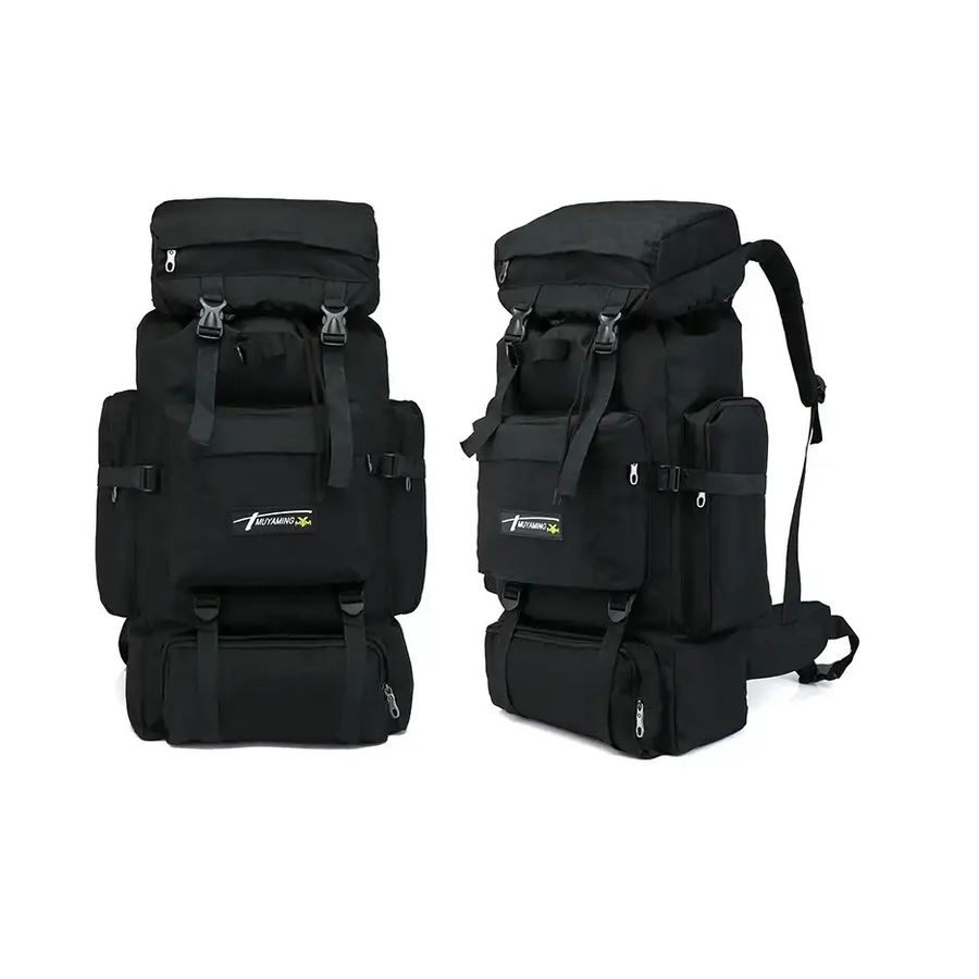Black tactical backpack with multiple compartments and adjustable straps.